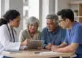 Conseiller financier expliquant options de mutuelle santé et dépassements