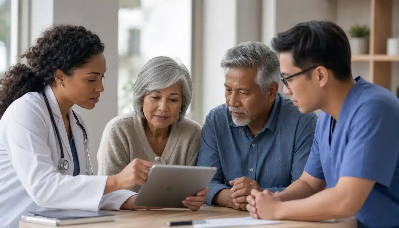 Conseiller financier expliquant options de mutuelle santé et dépassements