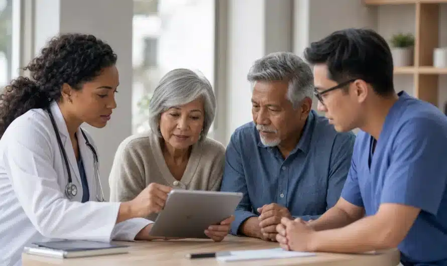 Conseiller financier expliquant options de mutuelle santé et dépassements
