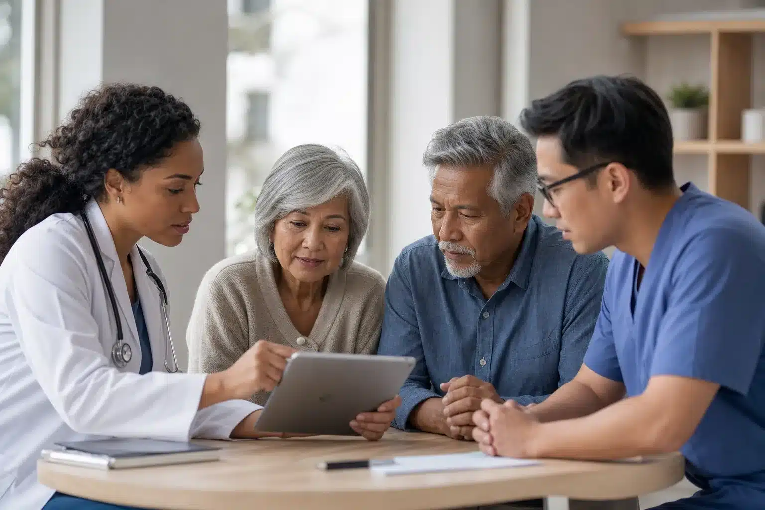 Conseiller financier expliquant options de mutuelle santé et dépassements