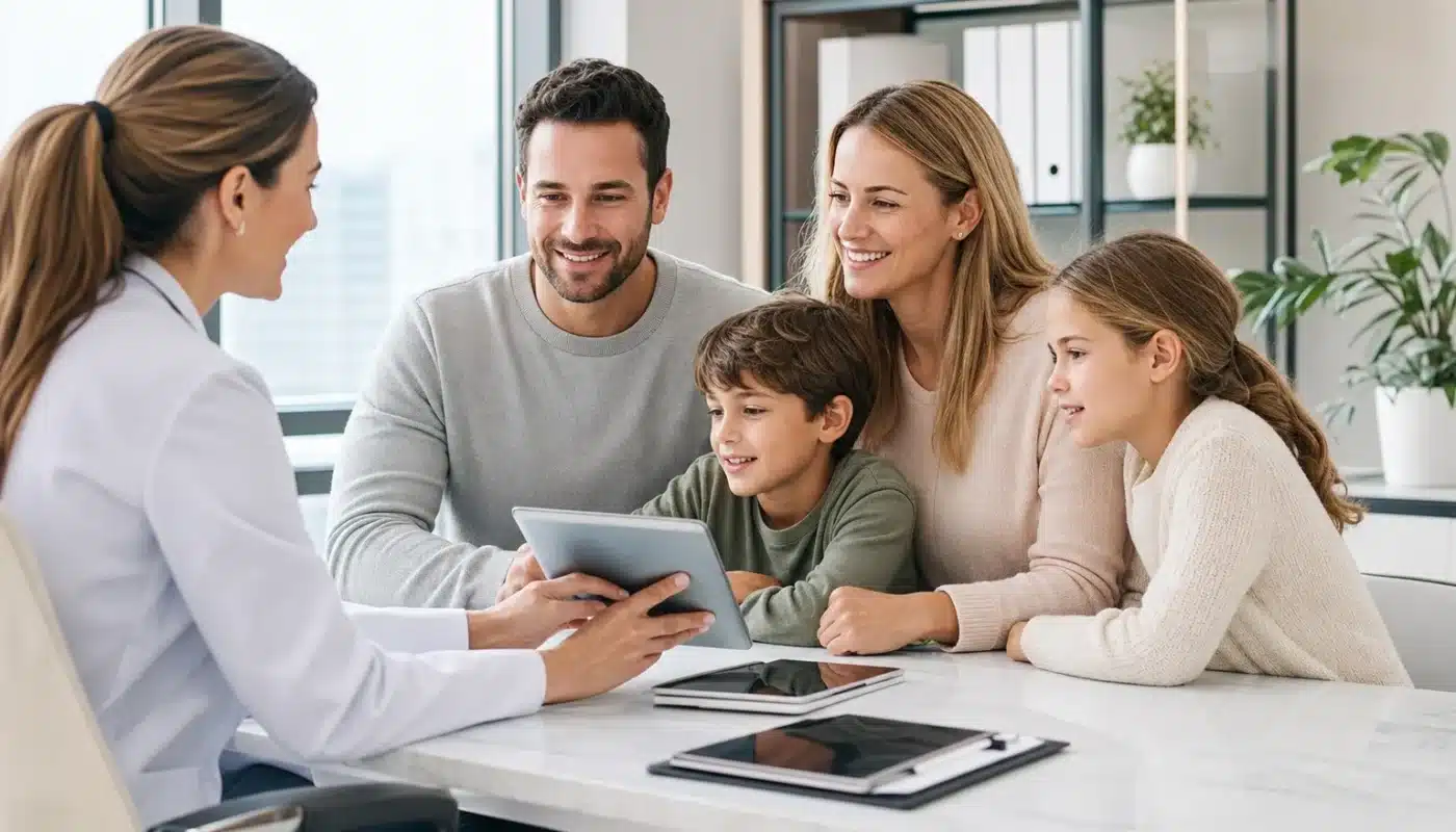Famille heureuse avec couverture mutuelle adaptée et personnalisée
