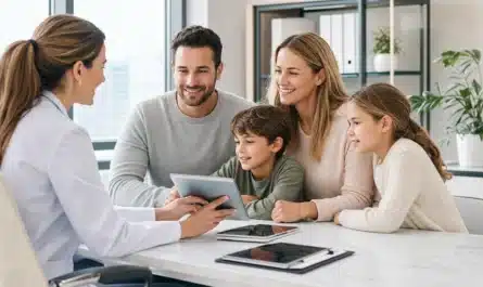 Famille heureuse avec couverture mutuelle adaptée et personnalisée