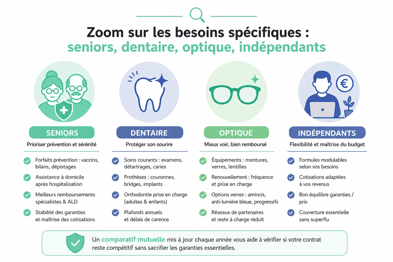 Comparatif de mutuelles santé en 2026: 5 critères clés pour comparer les offres efficacement , Zoom sur les besoins spécifiques: seniors, dentaire, optique, indépendants