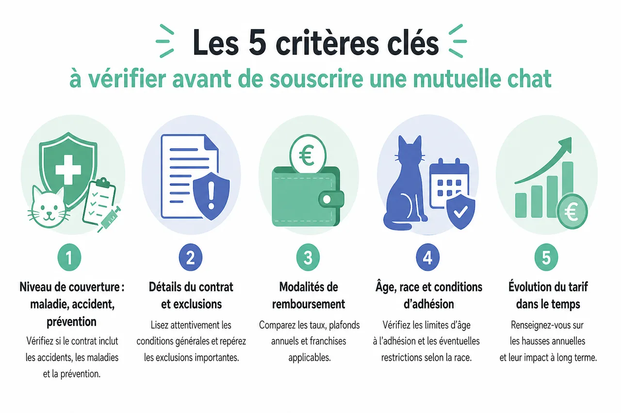 Mutuelle pour chat, 5 points à vérifier avant de souscrire pour éviter les mauvaises surprises , Les 5 critères clés à vérifier avant de souscrire une mutuelle chat