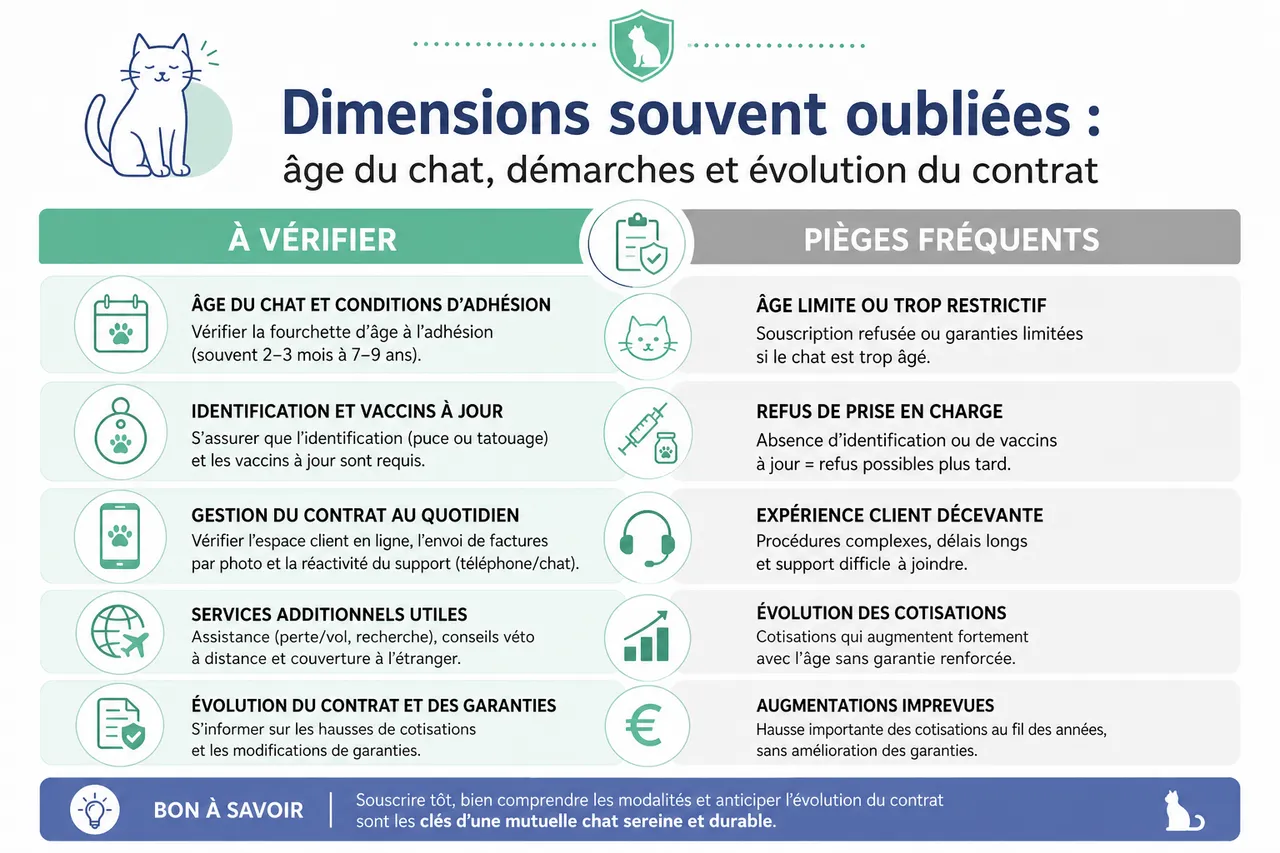 Mutuelle pour chat, 5 points à vérifier avant de souscrire pour éviter les mauvaises surprises , Dimensions souvent oubliées: âge du chat, démarches et évolution du contrat
