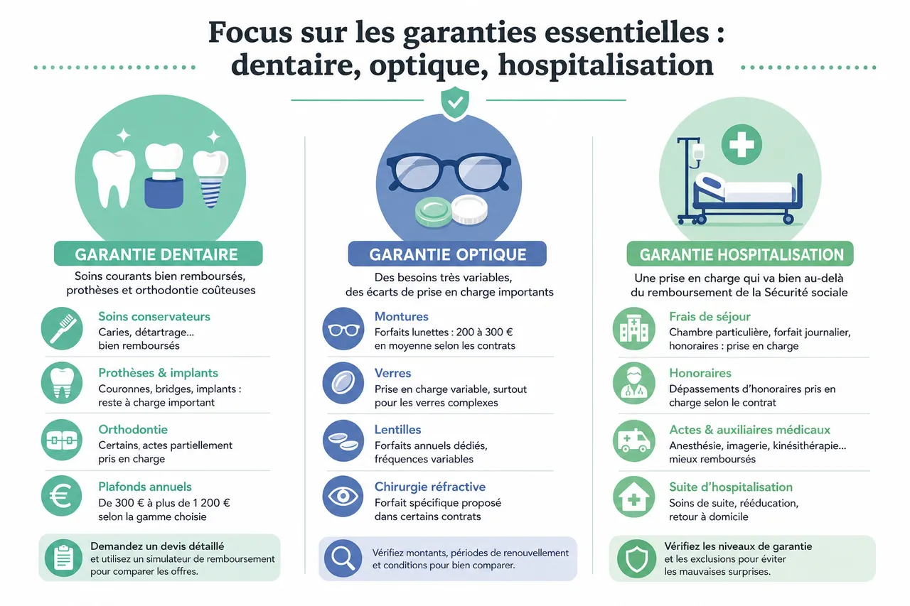 Assurance santé ou mutuelle, quelles différences et comment bâtir une bonne protection? , Focus sur les garanties essentielles: dentaire, optique, hospitalisation