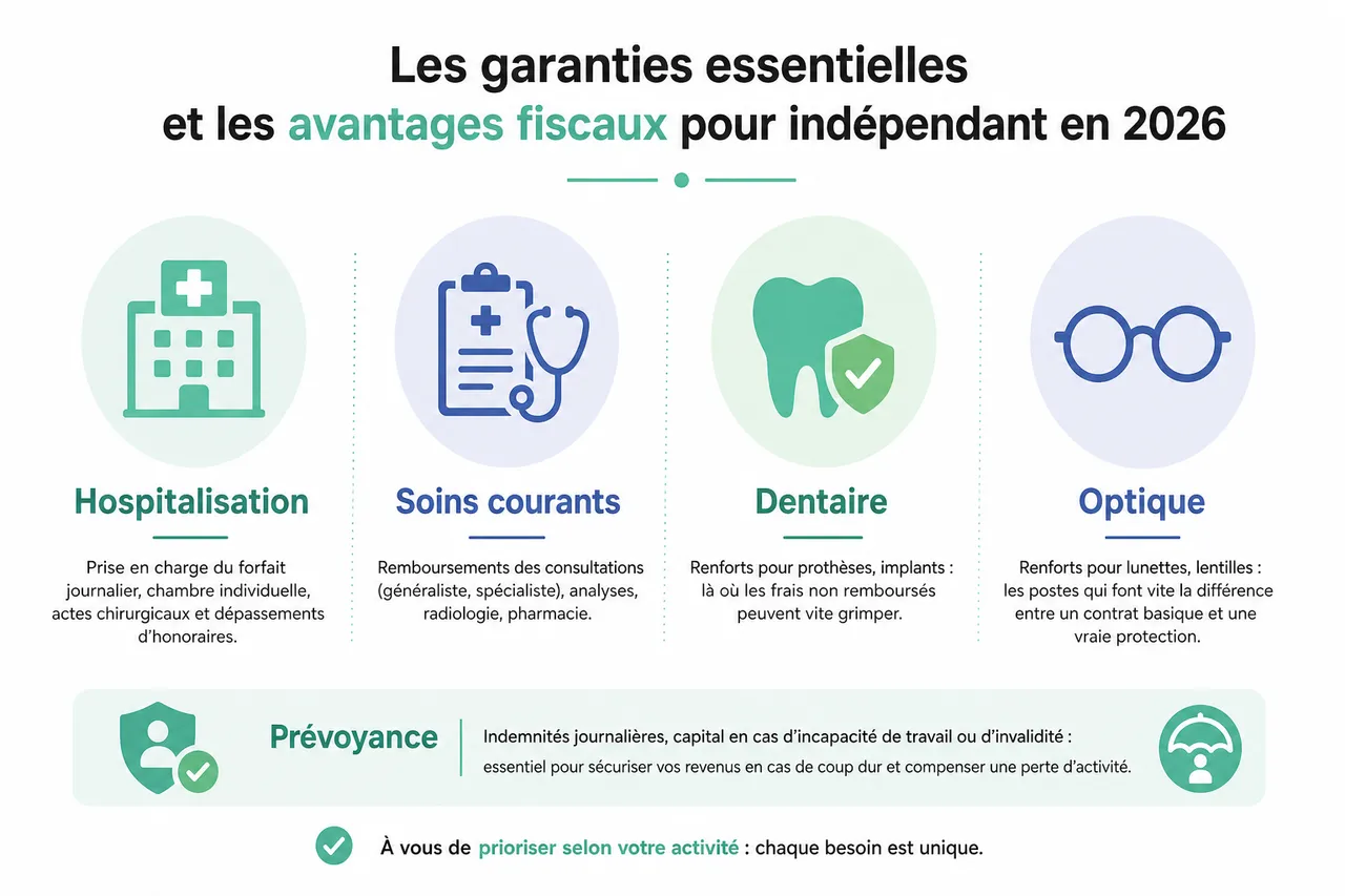 Mutuelle pour travailleur indépendant, comment se couvrir correctement quand on n’a pas de mutuelle d’entreprise? , Les garanties essentielles et les avantages fiscaux pour indépendant en 2026