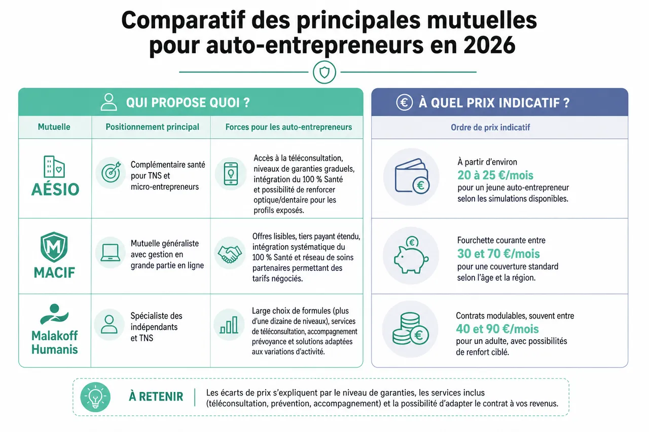 Auto-entrepreneur, comment choisir une mutuelle santé rentable malgré un revenu irrégulier? , Comparatif des principales mutuelles pour auto-entrepreneurs en 2026