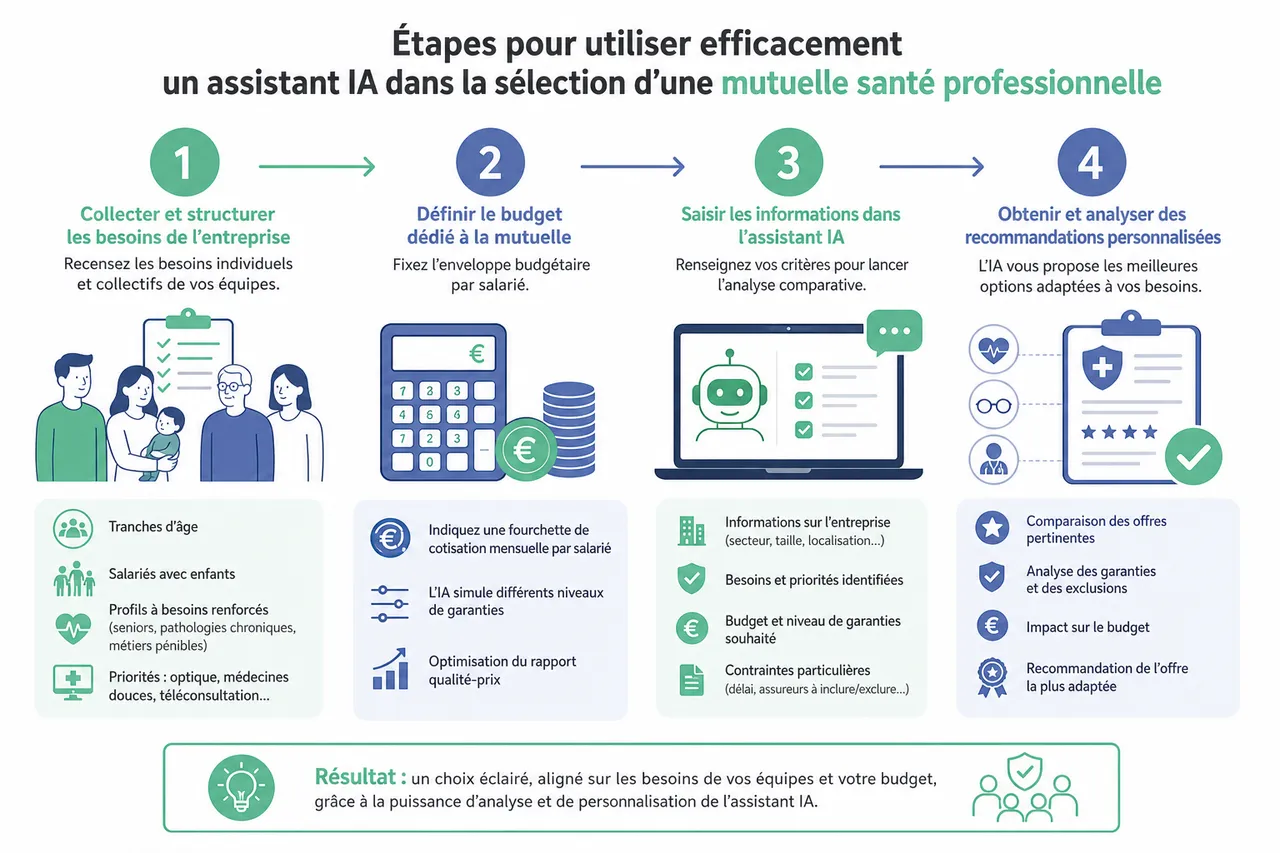 Comment un assistant IA peut-il vous aider à choisir votre mutuelle santé d'entreprise? , Étapes pour utiliser efficacement un assistant IA dans la sélection d’une mutuelle santé professionnelle