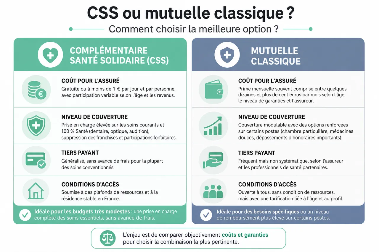 Complémentaire santé solidaire (CSS), qui peut en bénéficier et comment faire une demande acceptée du premier coup? , Complémentaire santé solidaire CSS ou mutuelle classique? Comment choisir la meilleure option?