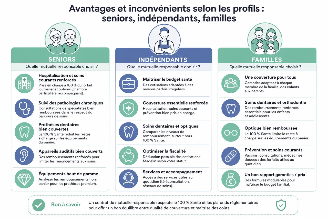 Contrat de mutuelle responsable, qu’est-ce que cela change concrètement pour vos remboursements? , Avantages et inconvénients selon les profils: seniors, indépendants, familles