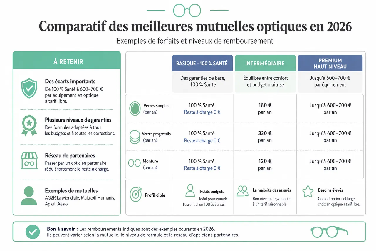 Mutuelle et lunettes, comment être bien remboursé sur l’optique sans exploser votre cotisation? , Comparatif des meilleures mutuelles optiques en 2026
