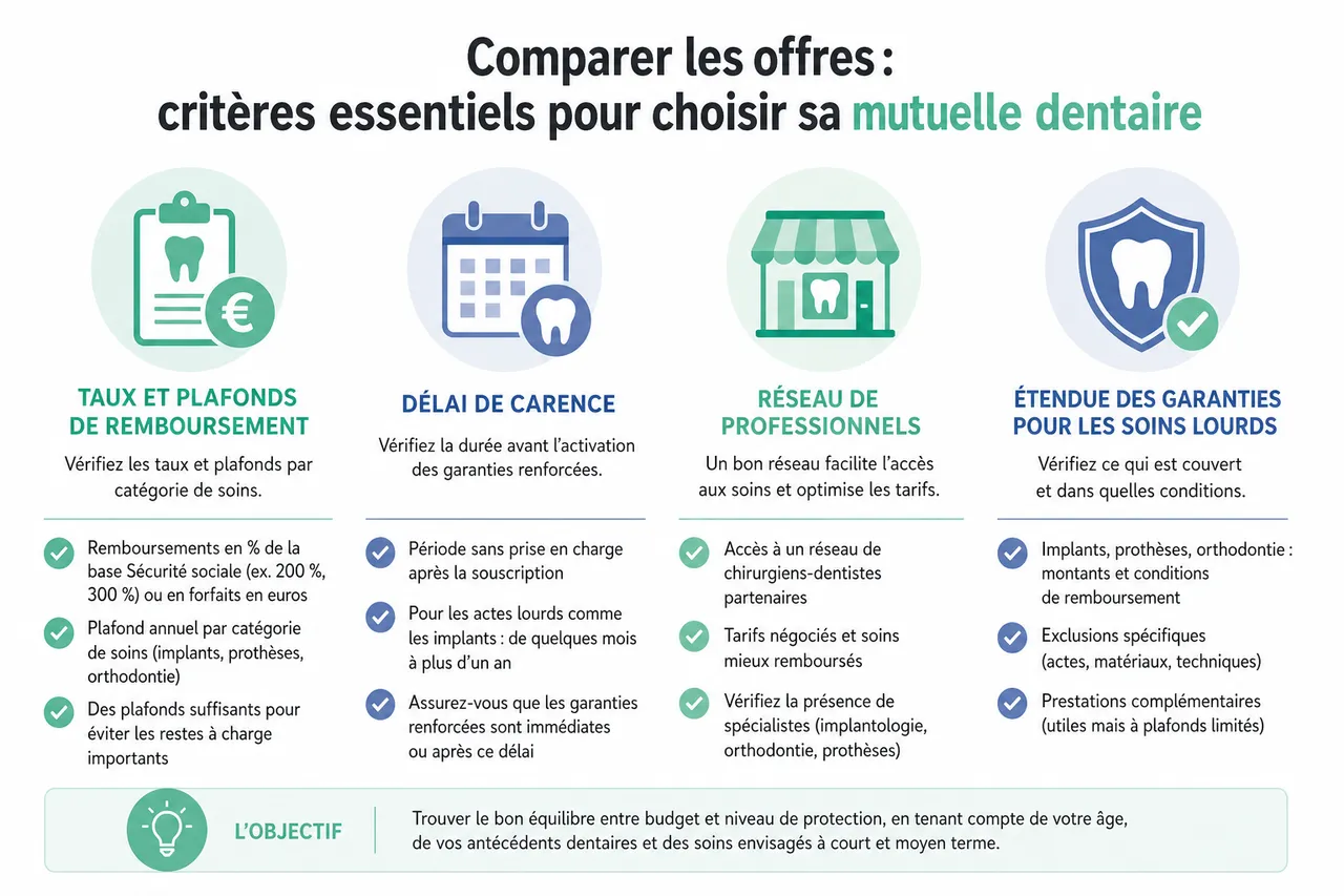 Mutuelle dentaire, 5 points clés à vérifier avant un gros soin (implants, prothèses, orthodontie) , Comparer les offres: critères essentiels pour choisir sa mutuelle dentaire