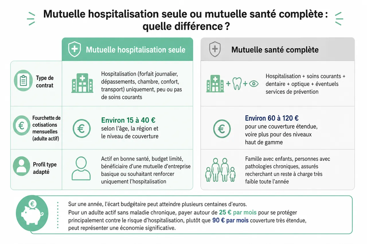 Mutuelle hospitalisation seule pour adulte actif, dans quels cas cette option est-elle vraiment intéressante? , Mutuelle hospitalisation seule ou mutuelle santé complète: quelle différence?