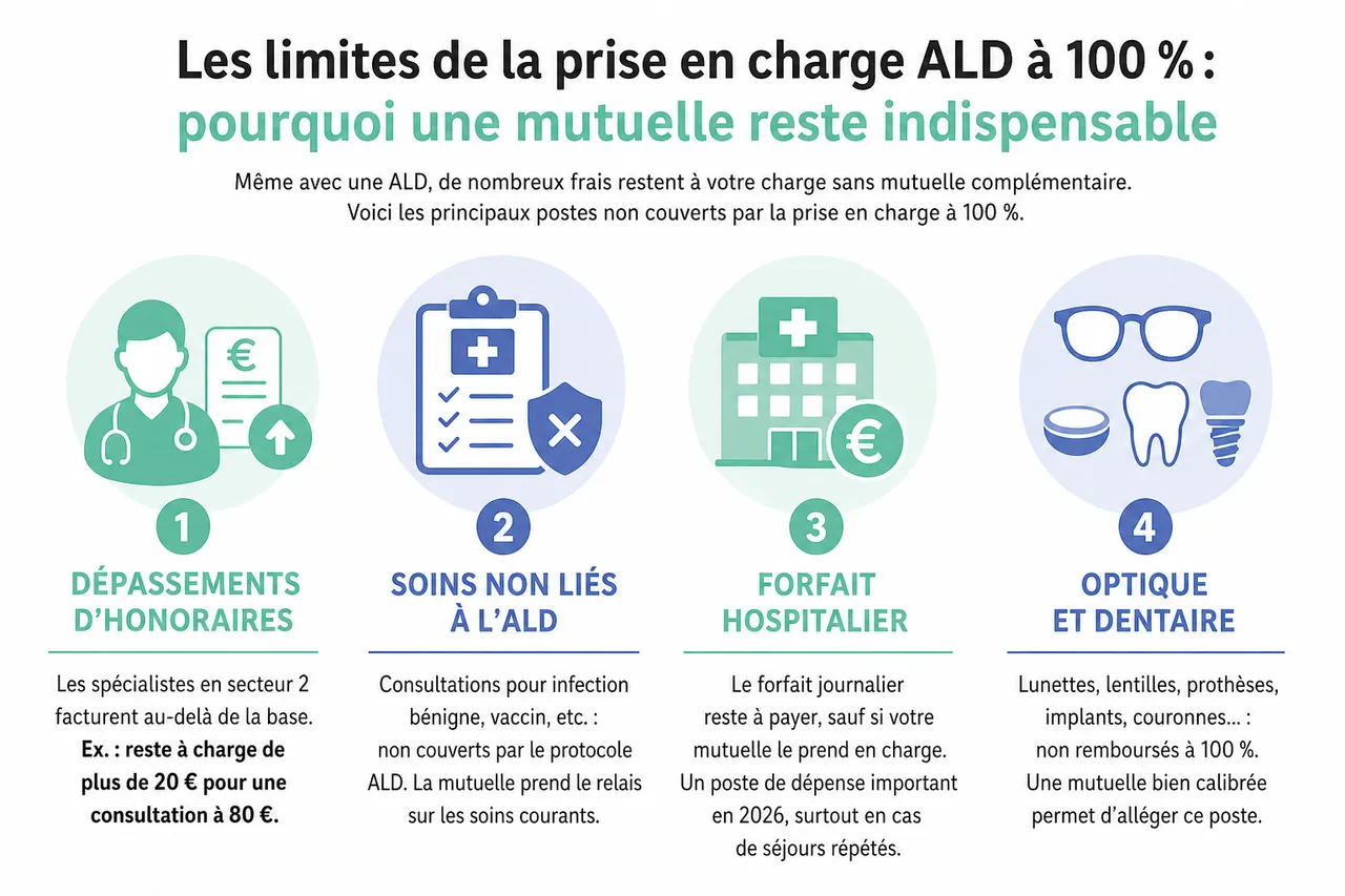 Affection de longue durée (ALD), pourquoi une mutuelle reste importante même avec une prise en charge à 100 %? , Les limites de la prise en charge ALD à 100 %: pourquoi une mutuelle reste indispensable