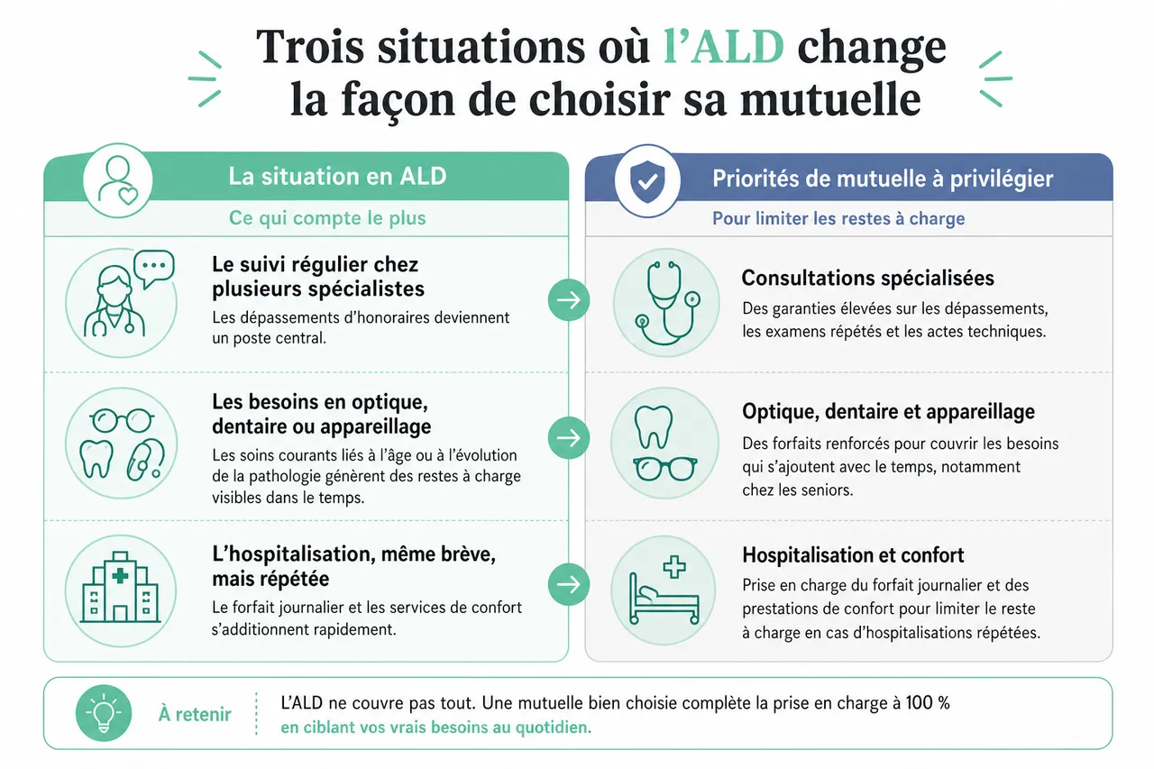 Affection de longue durée (ALD), pourquoi une mutuelle reste importante même avec une prise en charge à 100 %? , Trois situations où l’ALD change la façon de choisir sa mutuelle