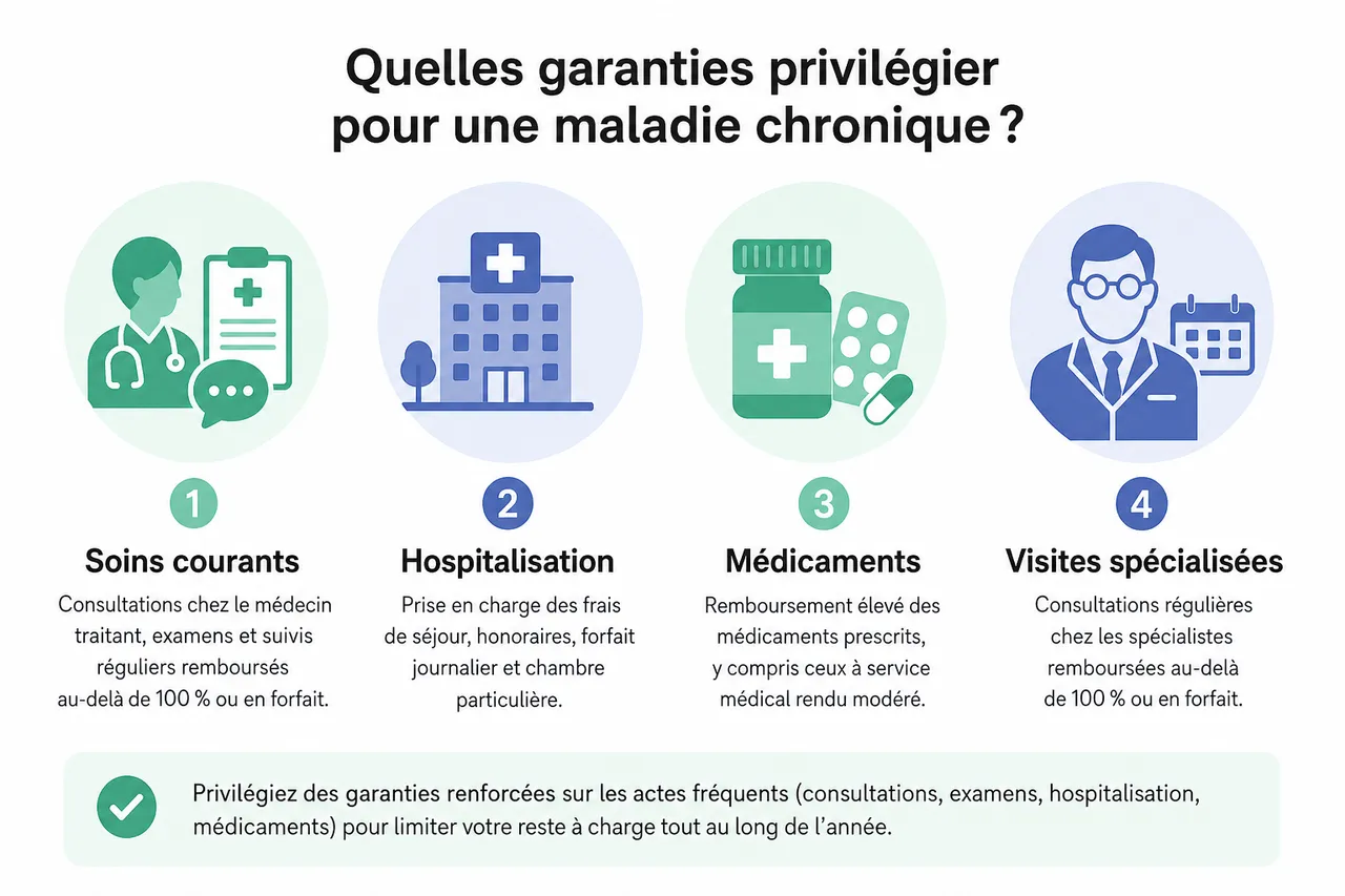 Maladie chronique et mutuelle, comment adapter vos garanties quand les soins deviennent réguliers? , Quelles garanties privilégier pour une maladie chronique?