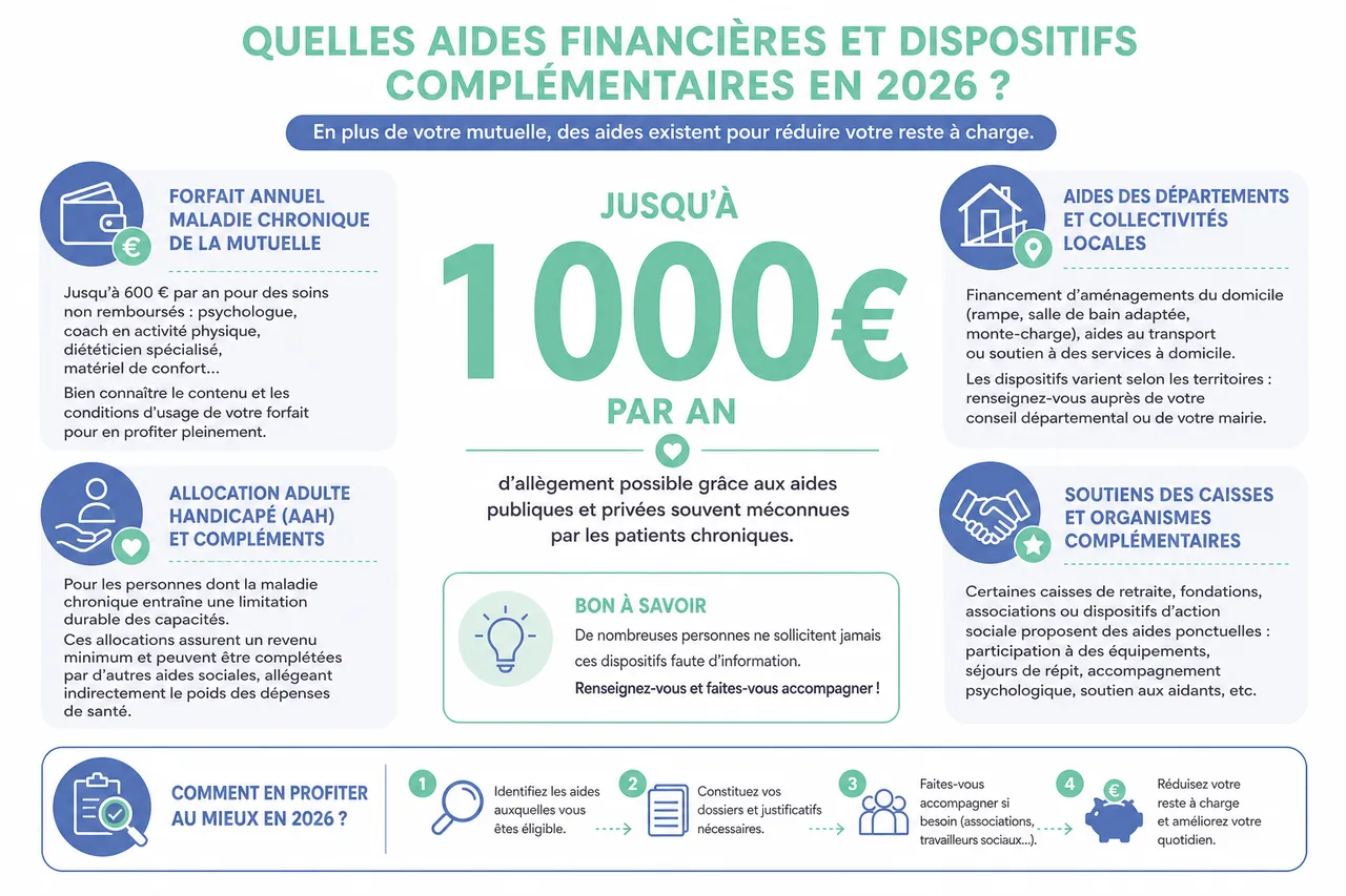 Maladie chronique et mutuelle, comment adapter vos garanties quand les soins deviennent réguliers? , Quelles aides financières et dispositifs complémentaires en 2026?