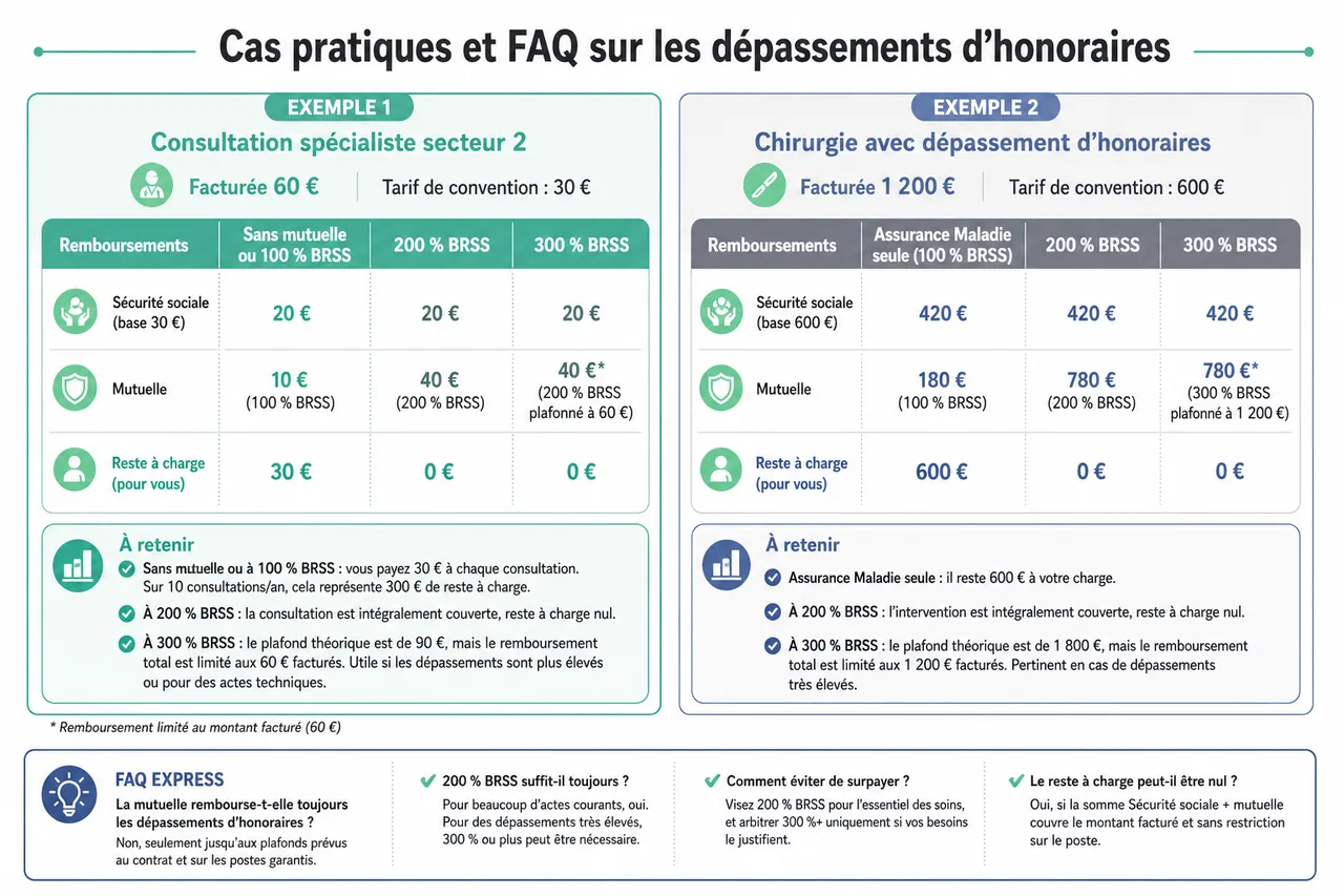 Comment choisir une mutuelle qui rembourse bien les dépassements d’honoraires sans surpayer? , Cas pratiques et FAQ sur les dépassements d’honoraires