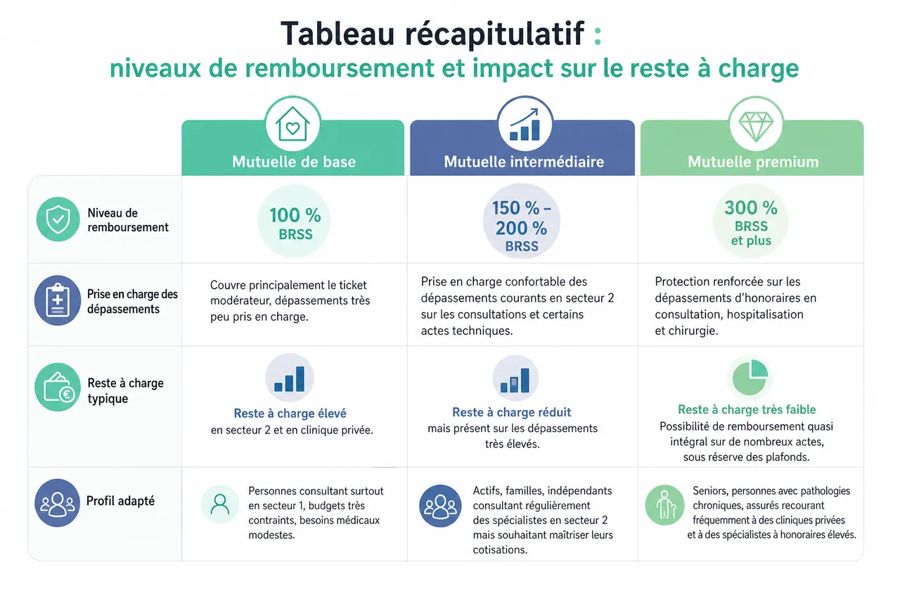 Comment choisir une mutuelle qui rembourse bien les dépassements d’honoraires sans surpayer? , Tableau récapitulatif: niveaux de remboursement et impact sur le reste à charge