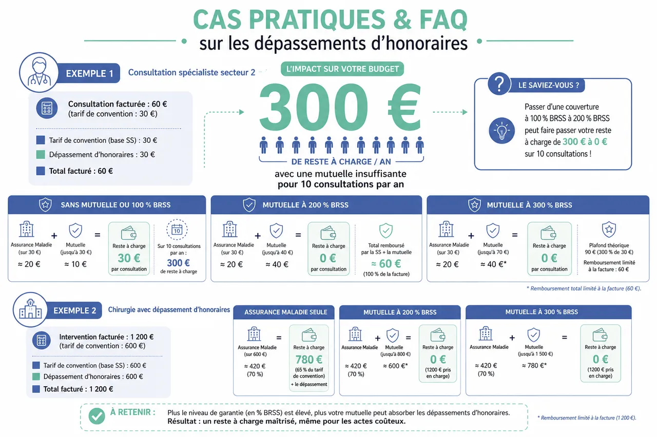 Comment choisir une mutuelle qui rembourse bien les dépassements d’honoraires sans surpayer? , Cas pratiques et FAQ sur les dépassements d’honoraires