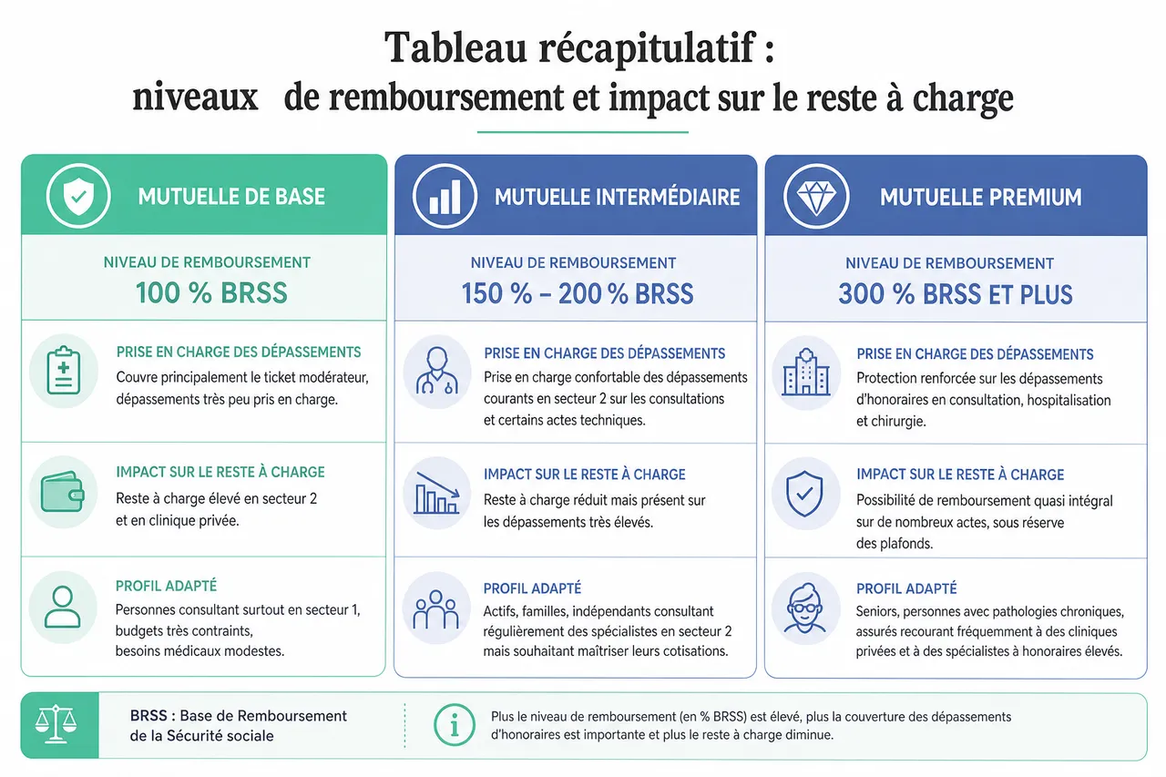 Comment choisir une mutuelle qui rembourse bien les dépassements d’honoraires sans surpayer? , Tableau récapitulatif: niveaux de remboursement et impact sur le reste à charge