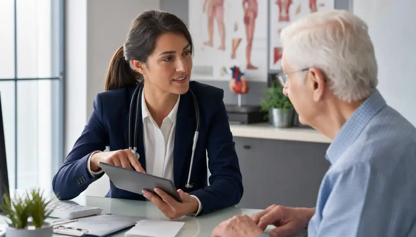 Senior souriant avec documents d'assurance santé en 2026