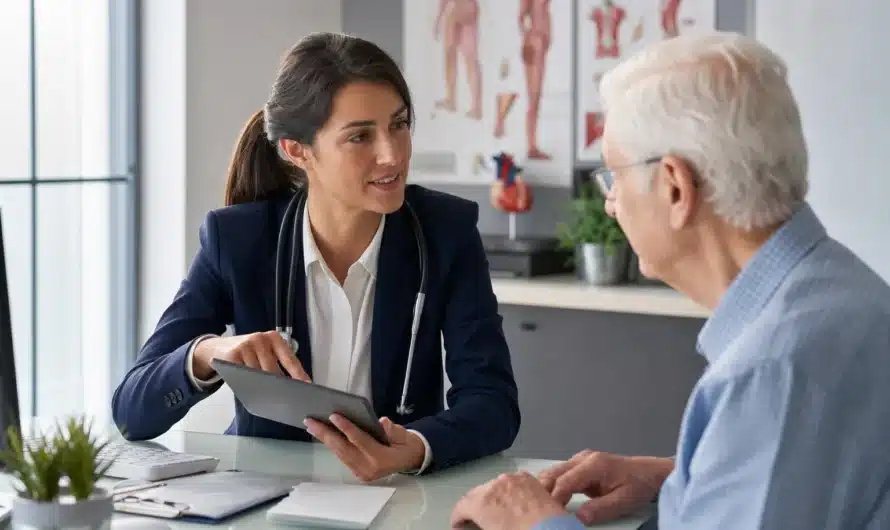 Senior souriant avec documents d'assurance santé en 2026