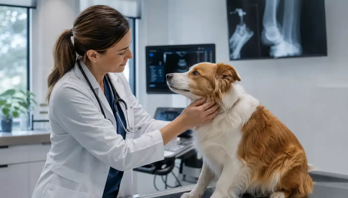 Chien et documents vétérinaires illustrant mutuelle ou épargne santé