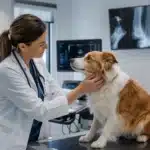 Chien et documents vétérinaires illustrant mutuelle ou épargne santé