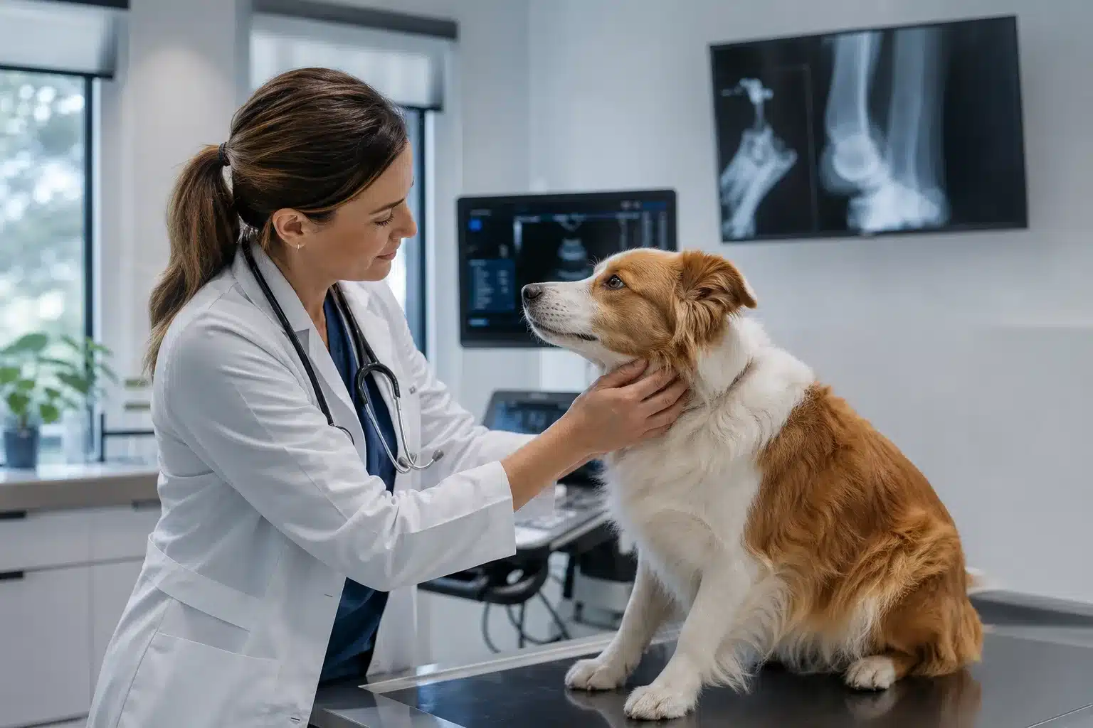 Chien et documents vétérinaires illustrant mutuelle ou épargne santé