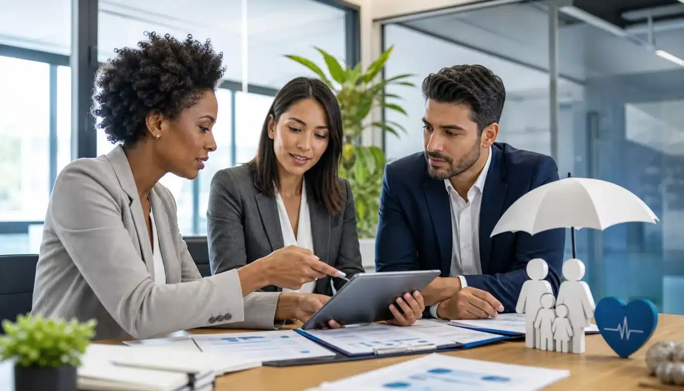Professionnels en réunion discutant de mutuelle fonctionnaire et avantages