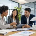 Professionnels en réunion discutant de mutuelle fonctionnaire et avantages