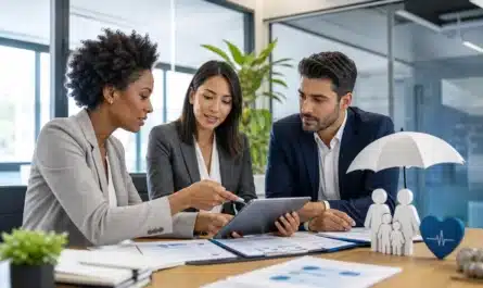 Professionnels en réunion discutant de mutuelle fonctionnaire et avantages