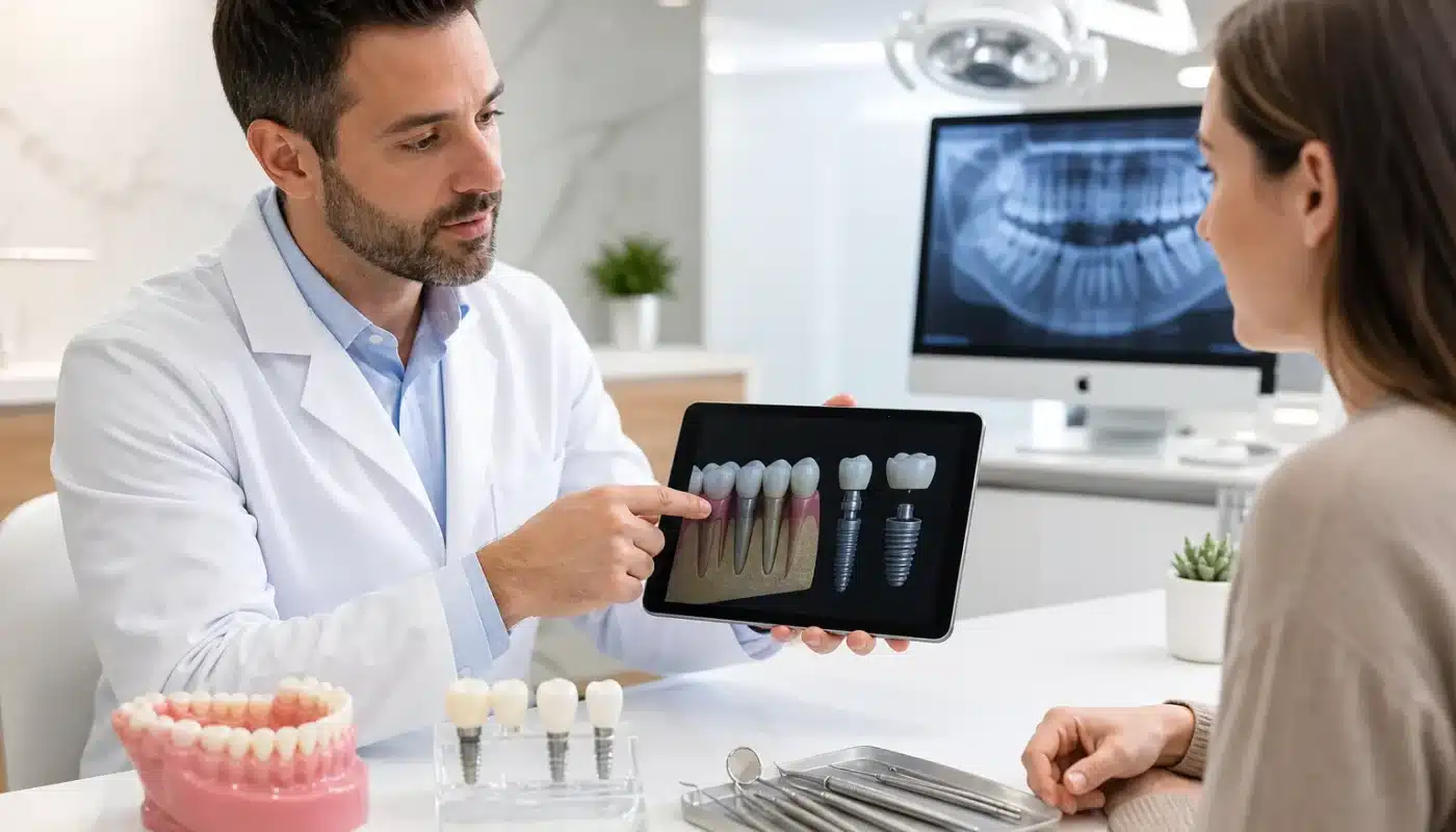 Sourire avec implants et prothèses dentaires et consultation d'assurance
