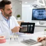 Sourire avec implants et prothèses dentaires et consultation d'assurance