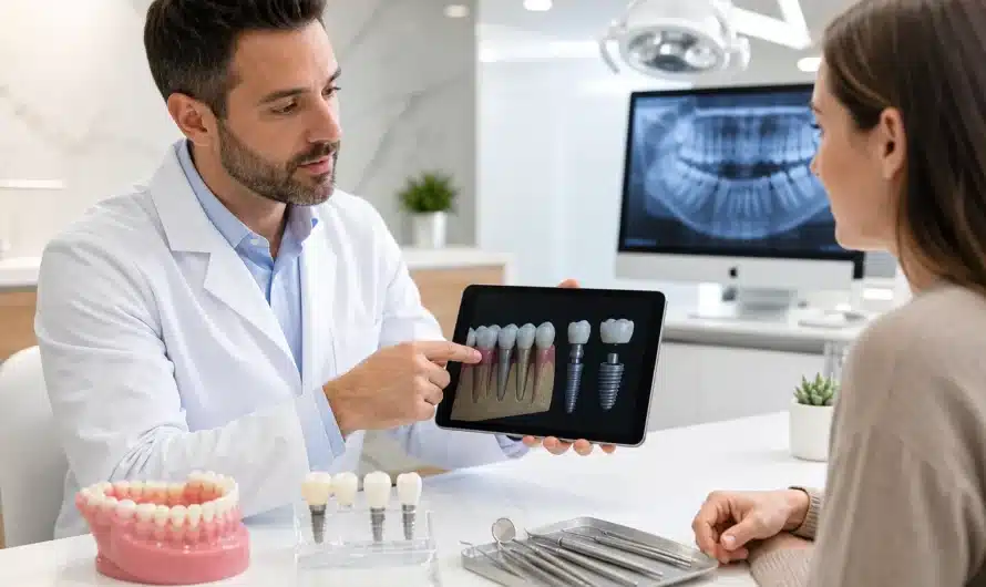 Sourire avec implants et prothèses dentaires et consultation d'assurance