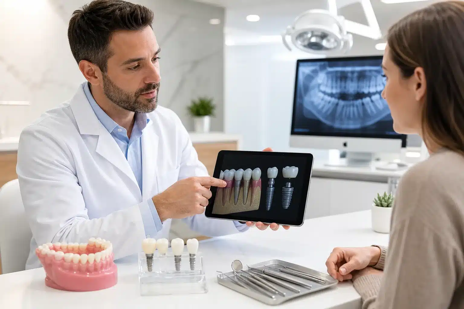 Sourire avec implants et prothèses dentaires et consultation d'assurance