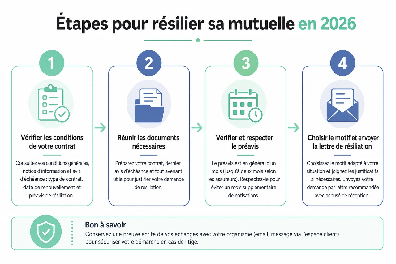 Résilier sa mutuelle sans erreur avec les étapes, les délais et les pièges fréquents à éviter , Étapes pour résilier sa mutuelle en 2026