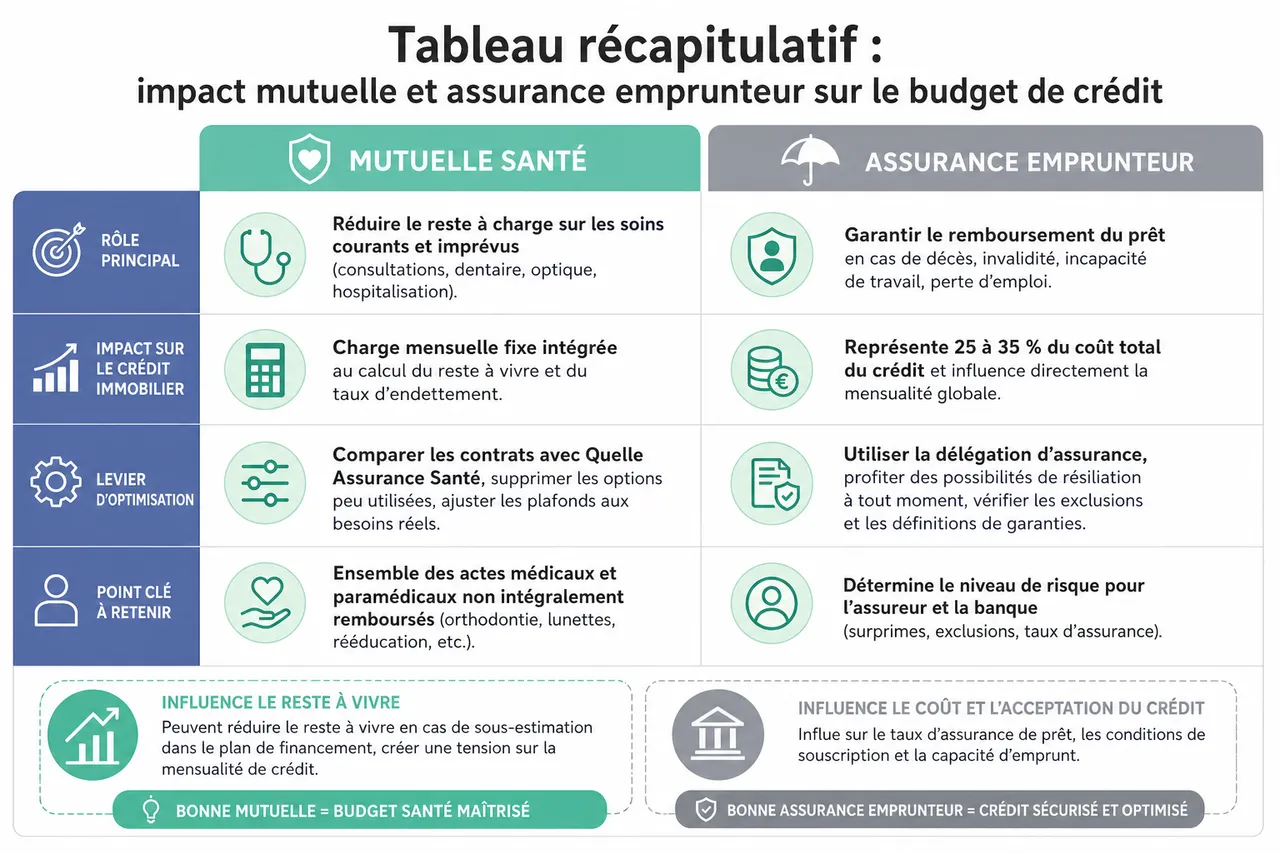 Mutuelle santé et prêt immobilier, comment vos frais de santé peuvent impacter votre budget de crédit , Tableau récapitulatif: impact mutuelle et assurance emprunteur sur le budget de crédit
