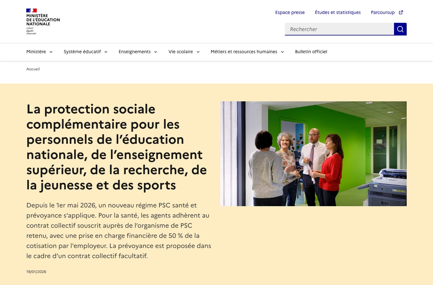 Capture d ecran de la page du ministere de l Education nationale consacree a la protection sociale complementaire