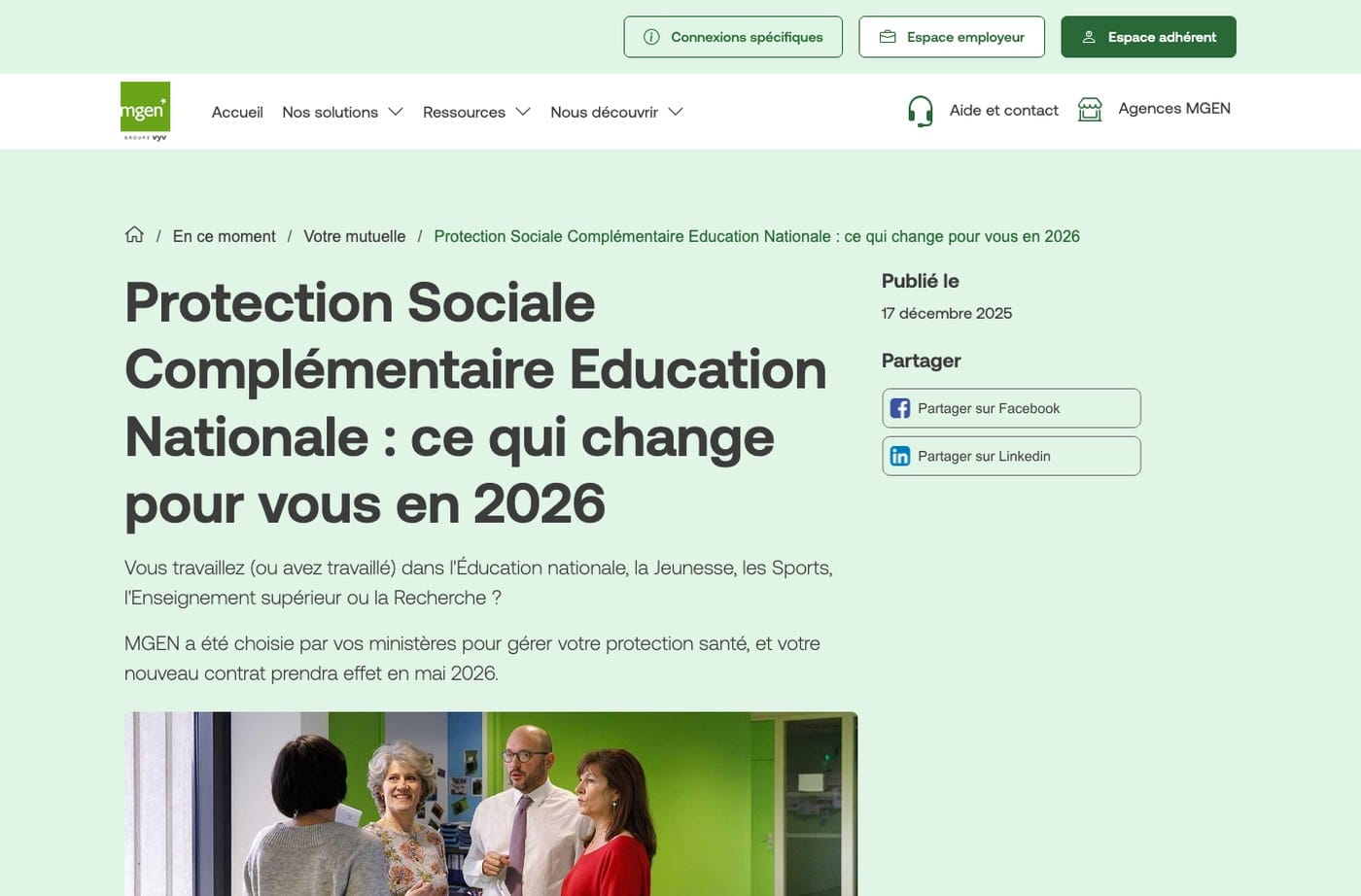 Capture d ecran de la page MGEN expliquant le nouveau contrat collectif de sante de l Education nationale