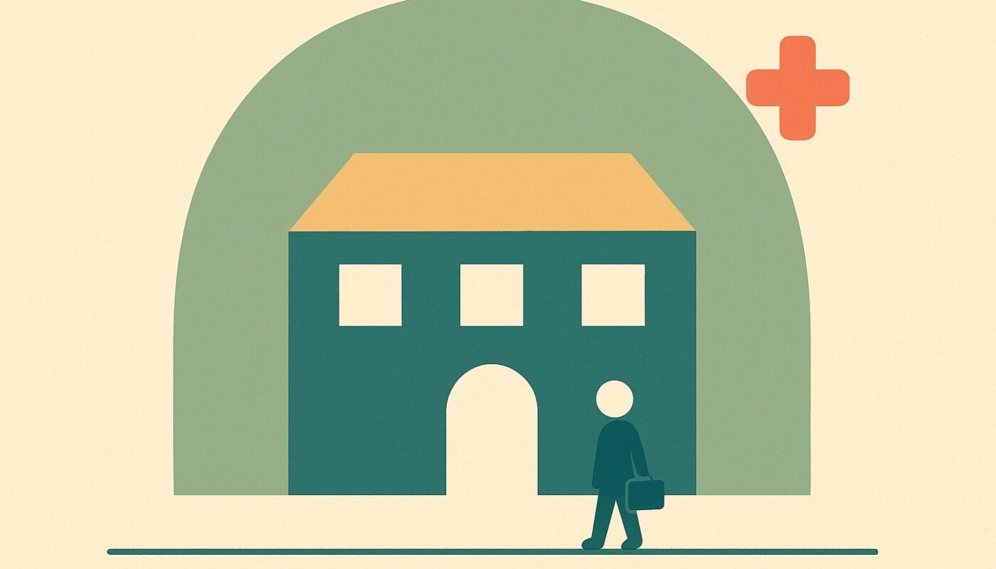 Illustration d une ecole abritee par un arc protecteur, symbole du contrat collectif de sante des enseignants