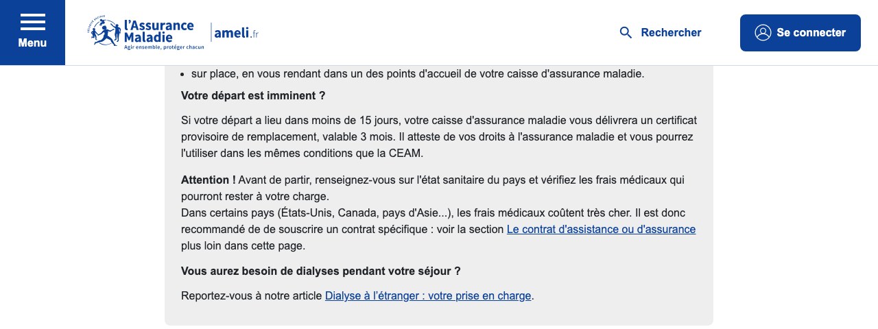 Page ameli.fr sur les vacances à l'étranger, encadré sur le certificat provisoire de remplacement de la CEAM