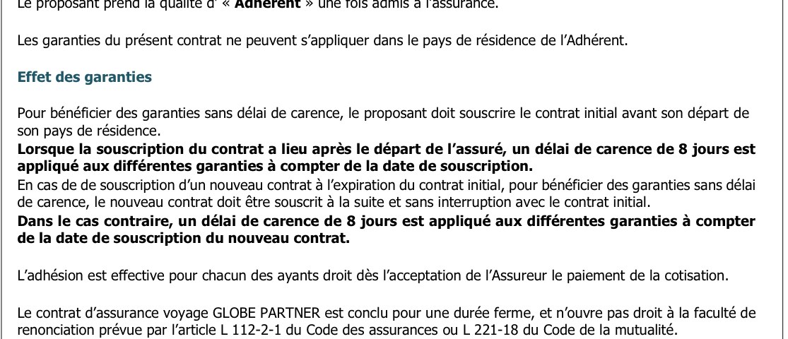 Extrait des conditions générales ACS Globe Partner, paragraphe Effet des garanties et délai de carence de 8 jours
