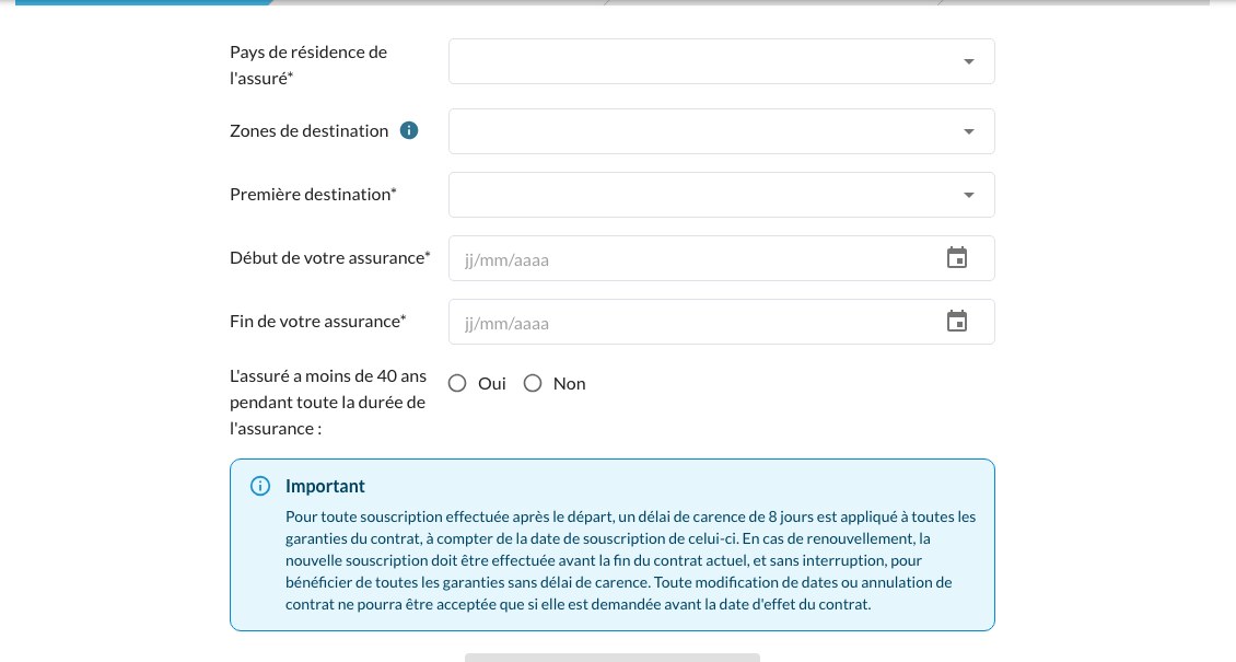 Formulaire de devis ACS Globe Partner affichant le délai de carence de 8 jours en cas de souscription après le départ