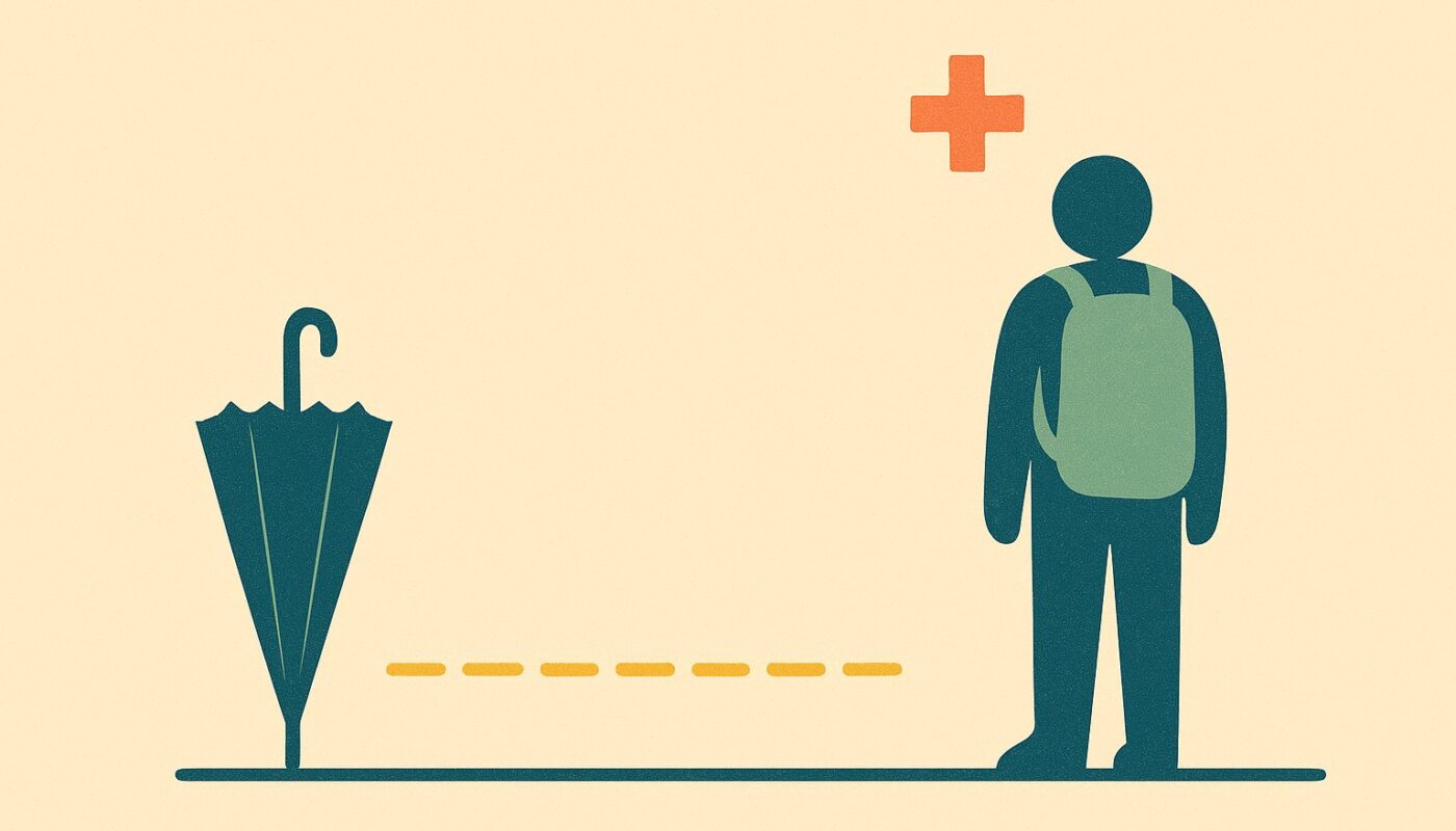 Illustration : un voyageur déjà parti à l'étranger, sa protection restée en arrière au point de départ