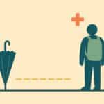 Illustration : un voyageur déjà parti à l'étranger, sa protection restée en arrière au point de départ