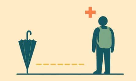 Illustration : un voyageur déjà parti à l'étranger, sa protection restée en arrière au point de départ
