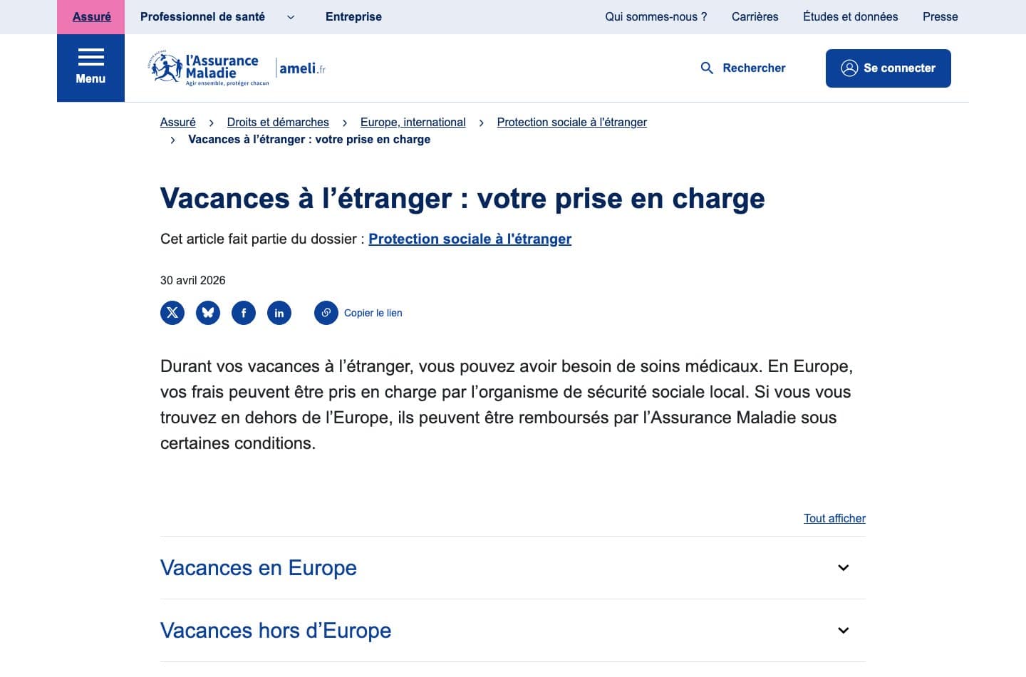 Capture de la page Vacances a l etranger votre prise en charge du site ameli.fr